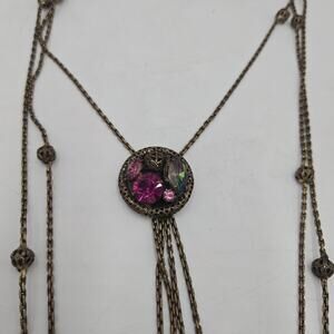 Vintage Necklace Large Pink Rhinestones Long Layered Antiqued Gold Tone Layered